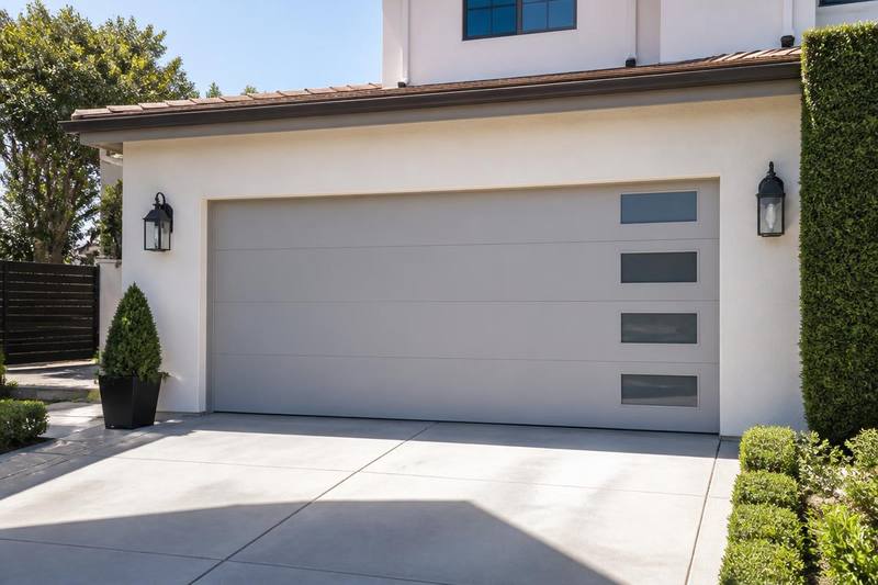 Light grey sectional garage door on a stucco home