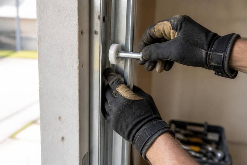 Garage door technician installing a new roller into a steel garage door track