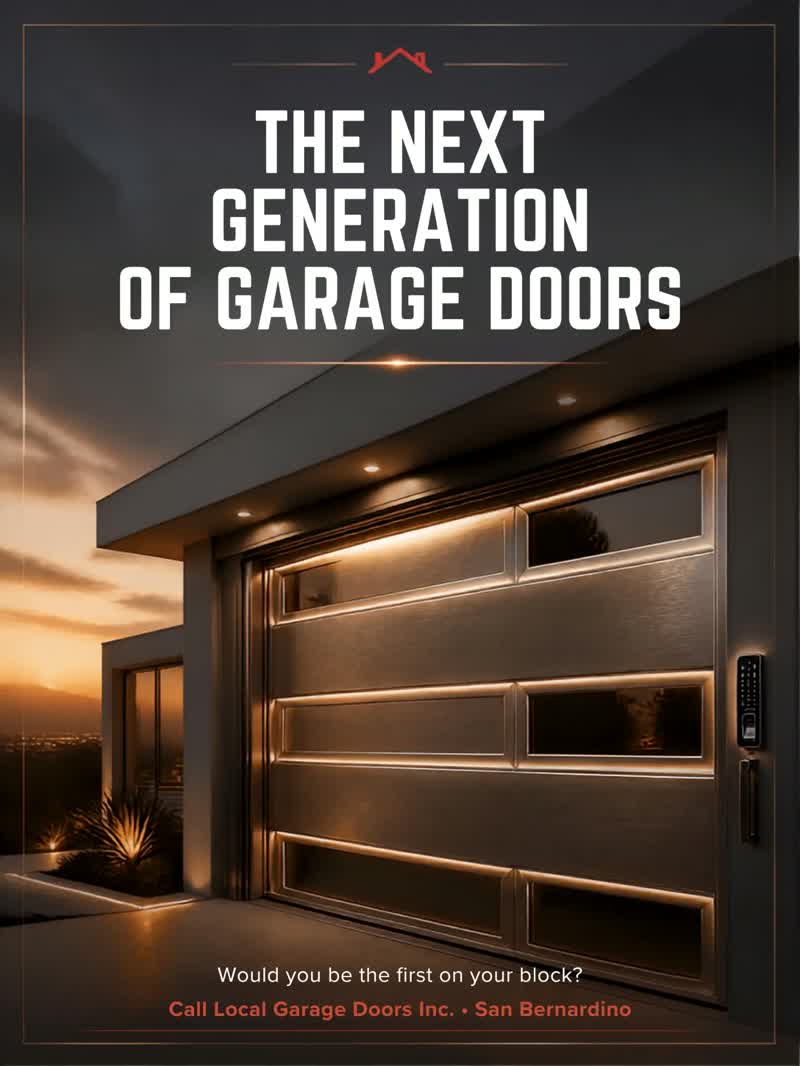 Modern bronze garage door with recessed lighting on a hillside home at dusk