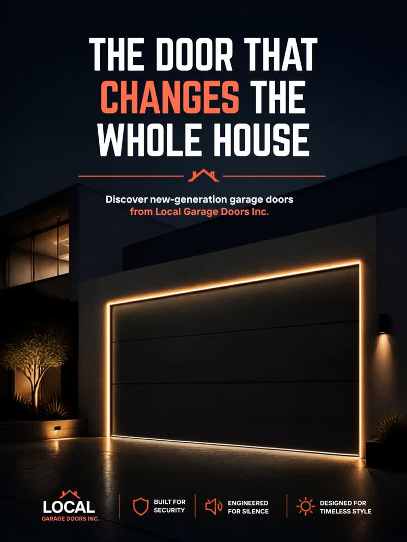 Minimal dark garage door outlined in warm light on a modern home at night