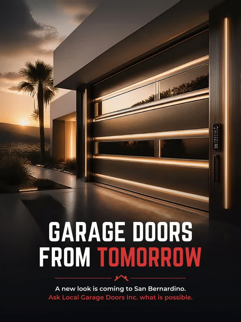 Contemporary garage door with warm accent lighting beside a palm tree at sunset