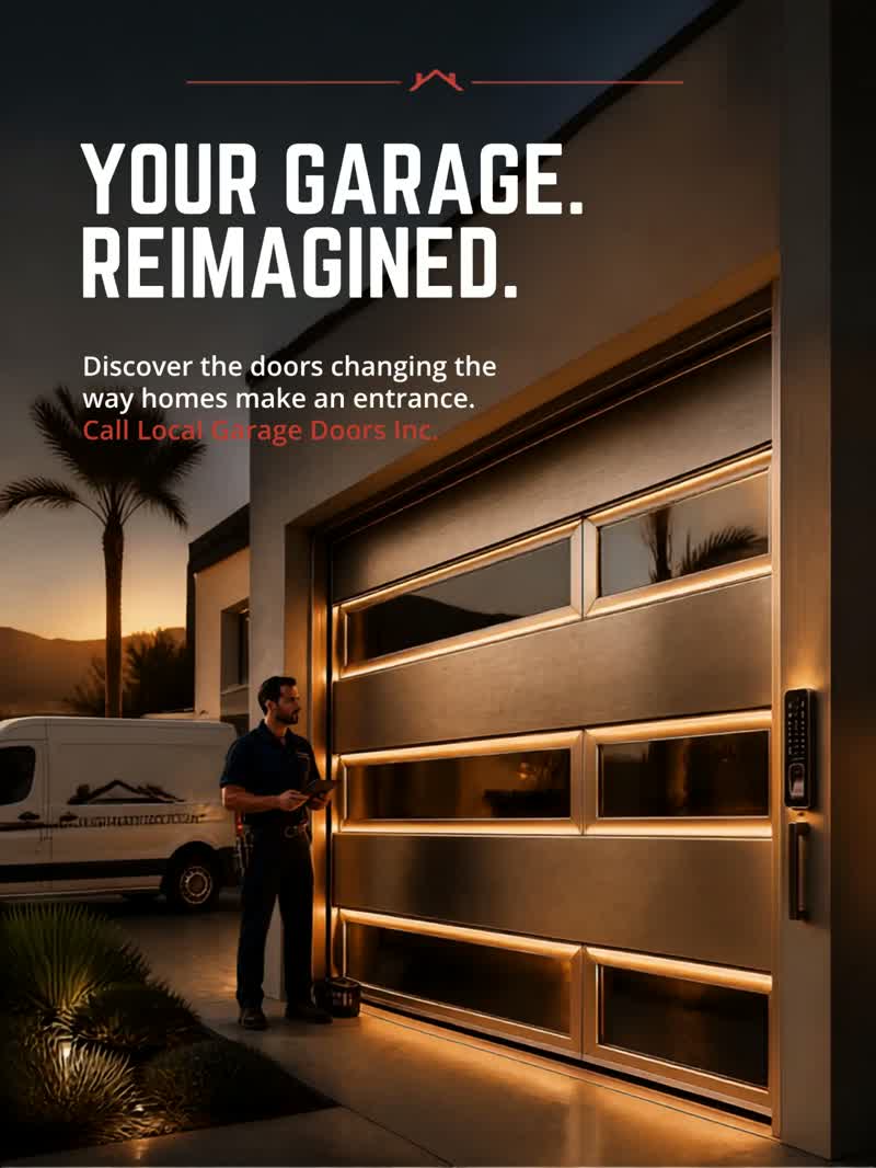 Technician beside a service van in front of a modern illuminated garage door