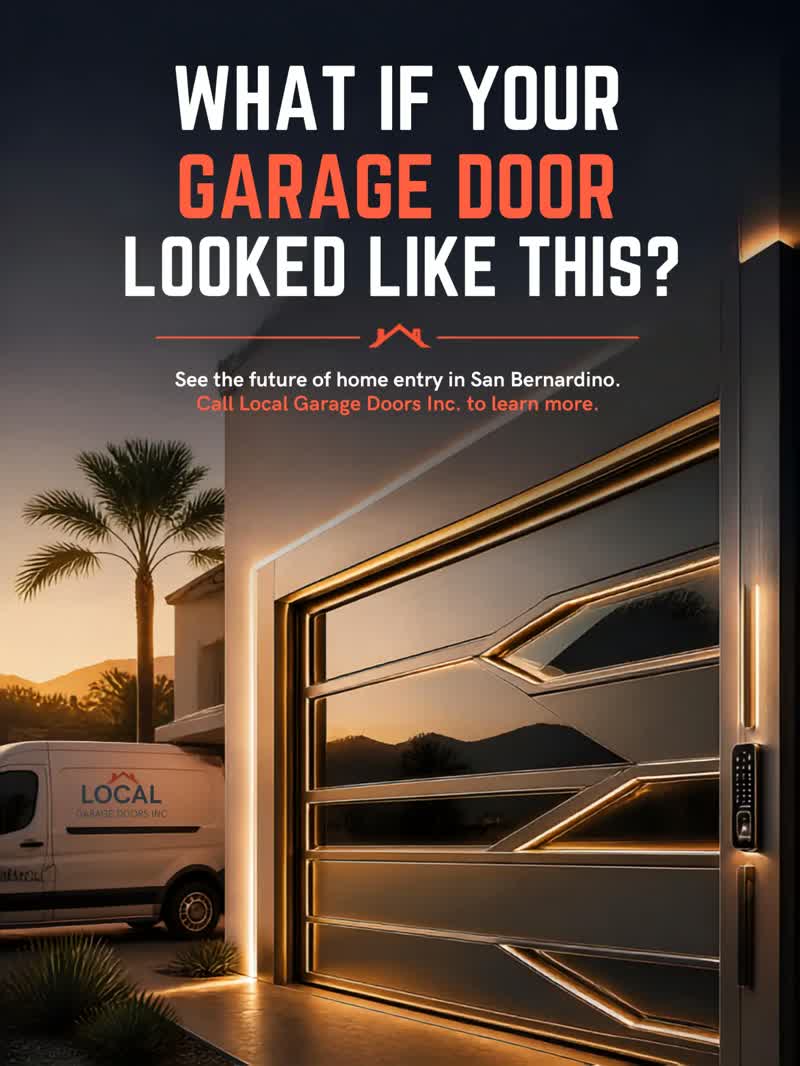 Architectural garage door with glass panels and mountain views at sunset