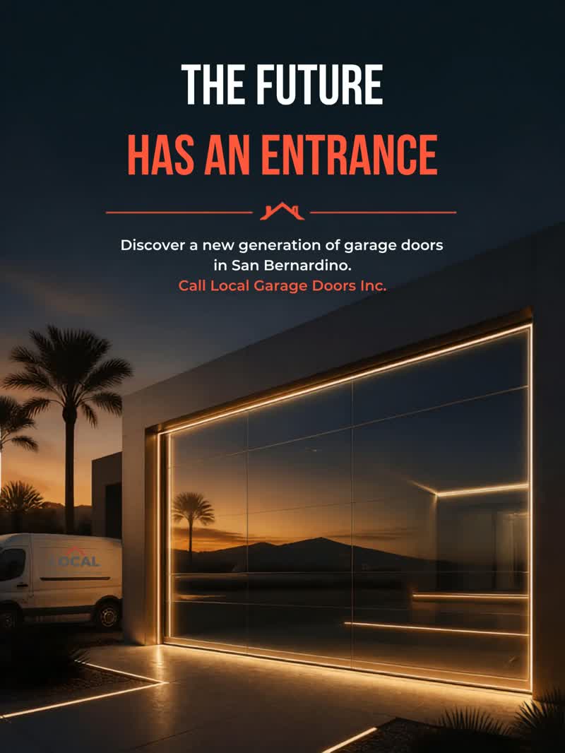 Full-glass modern garage door glowing at twilight with a service van outside