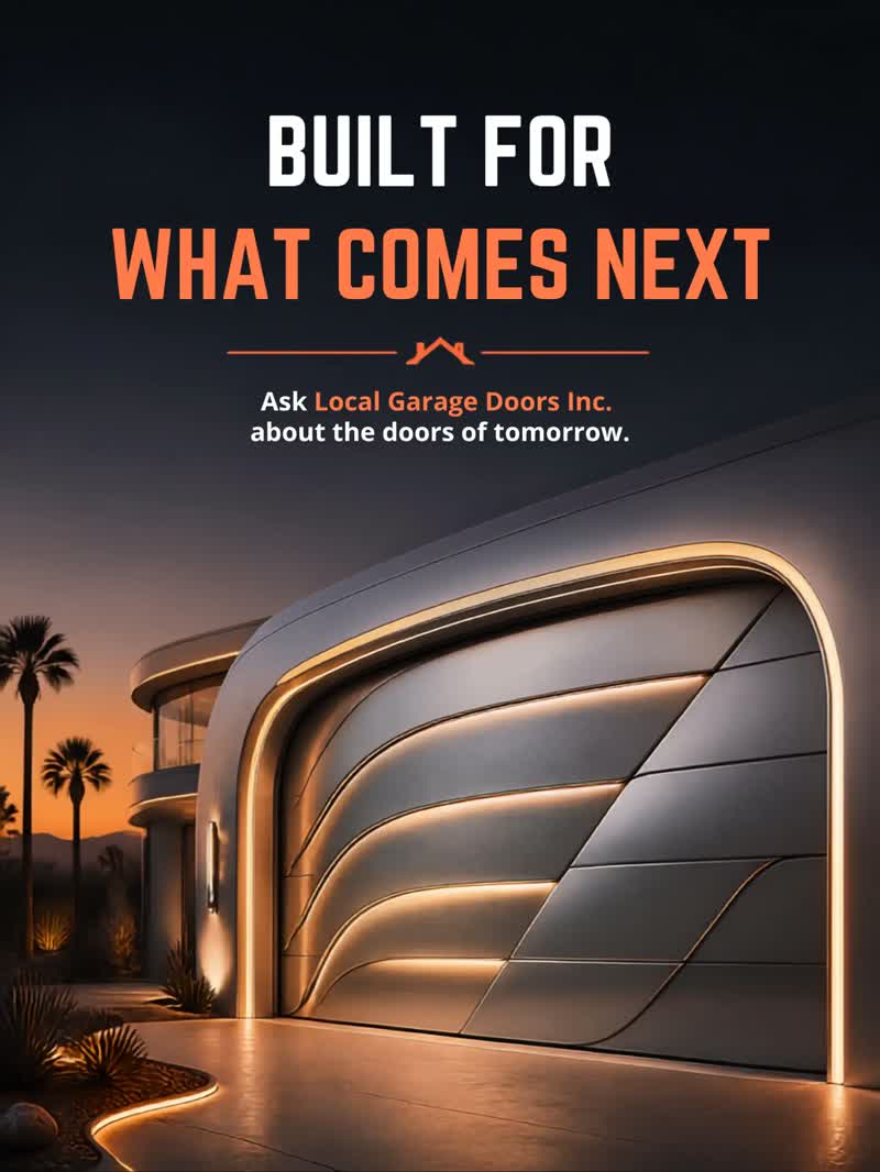 Curved contemporary garage door with soft edge lighting at dusk
