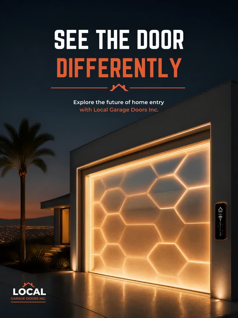 Illuminated hexagon-pattern garage door on a hillside home at night