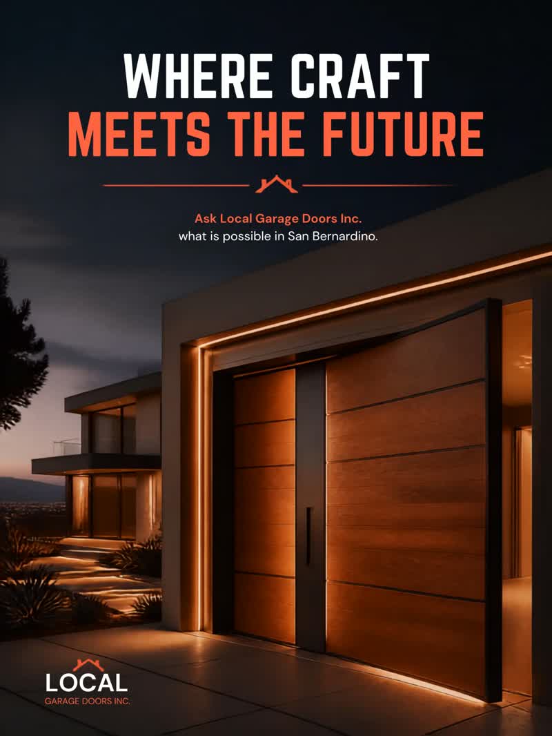 Warm wood-panel modern garage door with backlit trim at dusk