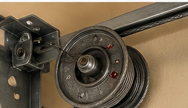 Close-up of a garage door roller, cable drum and track hardware