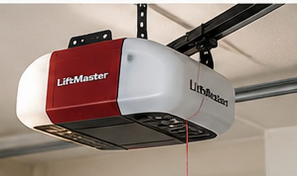 LiftMaster garage door opener motor unit mounted to a garage ceiling