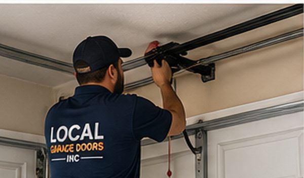 Local Garage Doors Inc technician servicing the overhead track of a residential garage door