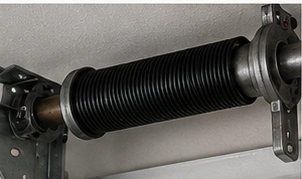 Close-up of a torsion spring mounted above a residential garage door